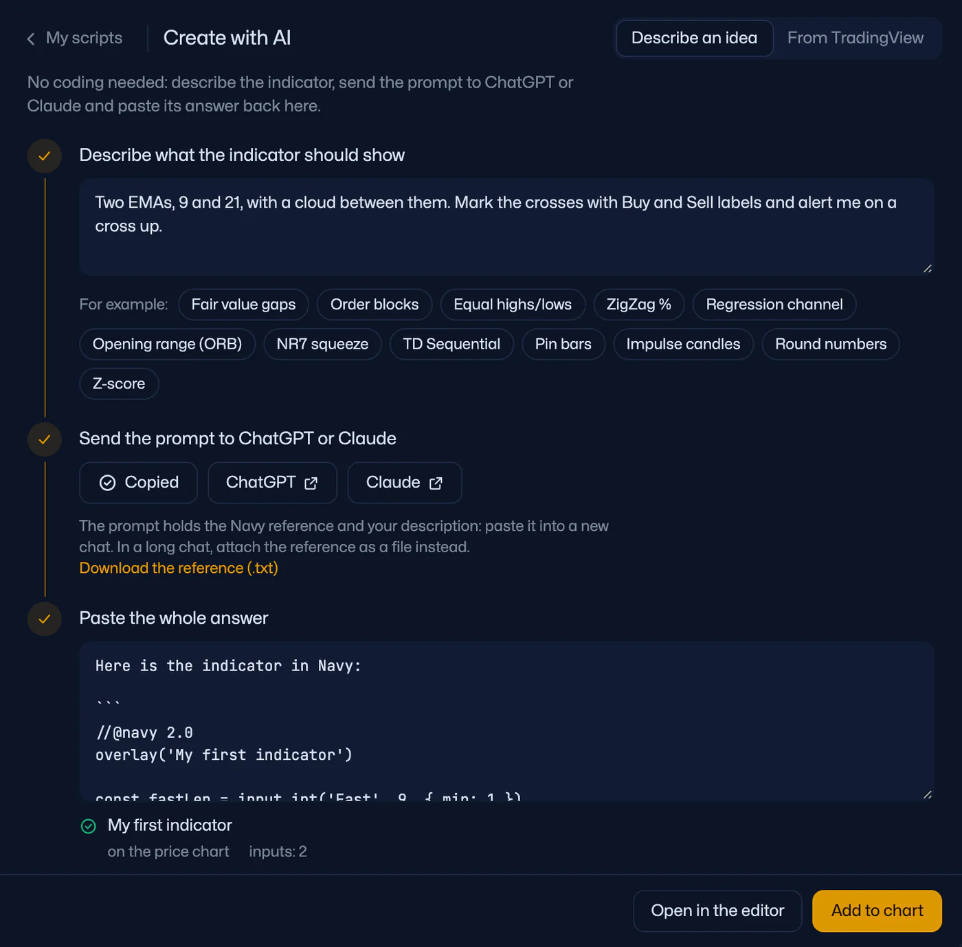 Create with AI in the indicator window: a description, the prompt copied for ChatGPT or Claude, the answer pasted and checked — on the price chart, 2 inputs