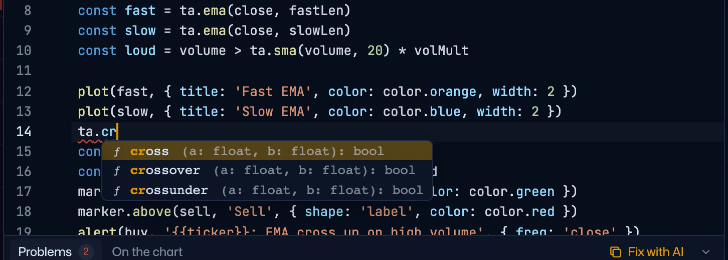 Completion in the editor: typing ta.cr offers cross, crossover and crossunder with their parameters
