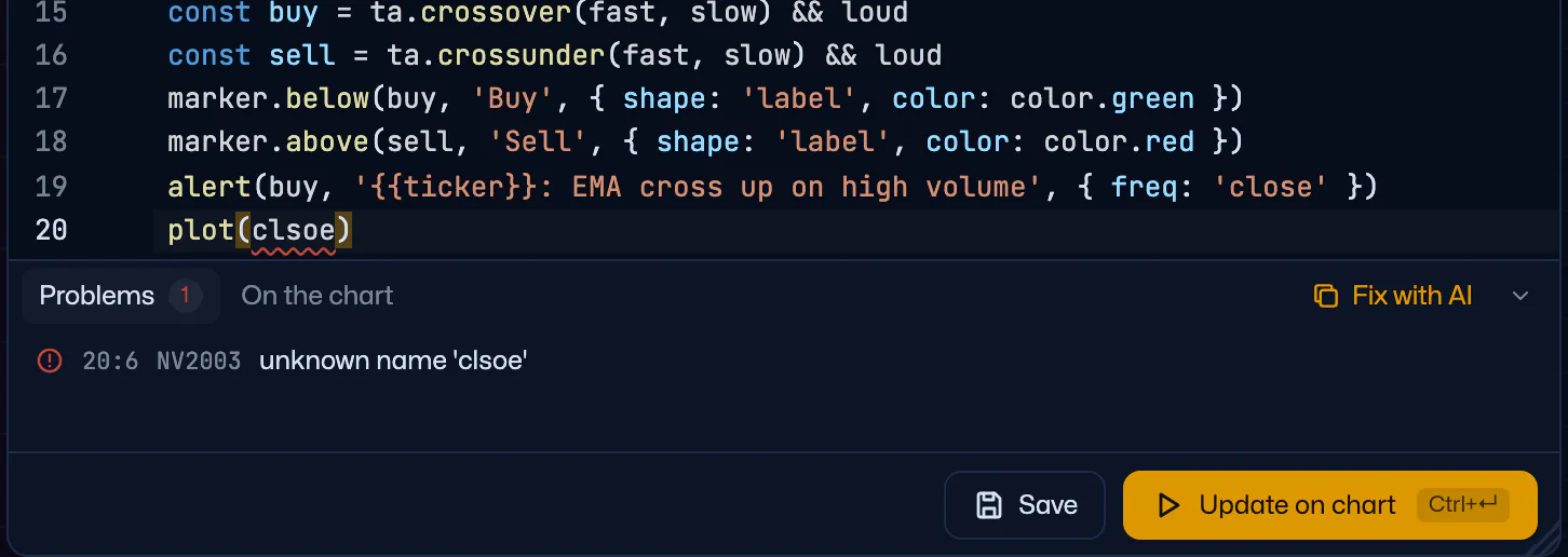 The Problems tab: NV2003 unknown name clsoe at line 20, column 6, with Fix with AI