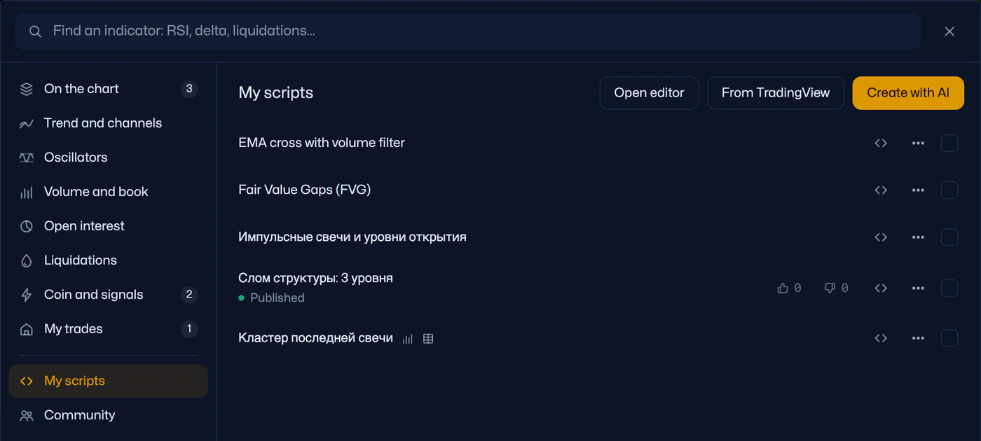 My scripts in the indicator window: Open editor, From TradingView, Create with AI, the list of the account’s scripts, one of them published